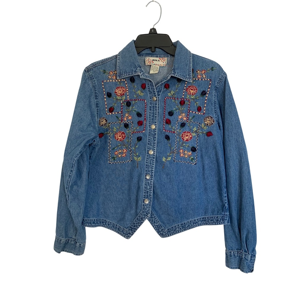 Embroidered Floral Denim Button Down Shirt‎ Jacket Womens L Boho Western
